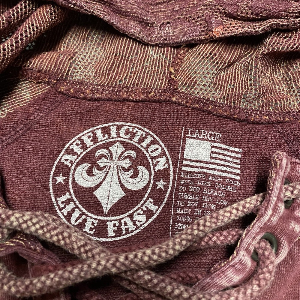 Affliction Hoodie Womens Large Maroon Lace V Neck Tie Y2K Skull Grunge Flaw Read - Picture 2 of 10